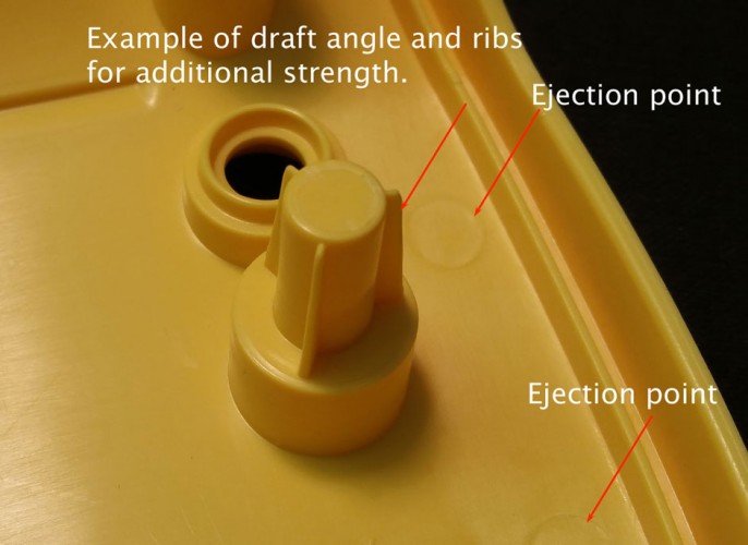 Draft angles, ribs and ejection points